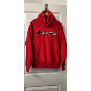 VTG Champion HEavy Thick Reverse Weave Red Hoodie Sz. S Shag Lettering 90s Skate